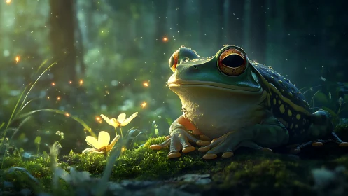 Serene forest frog watches glowing fireflies over moss