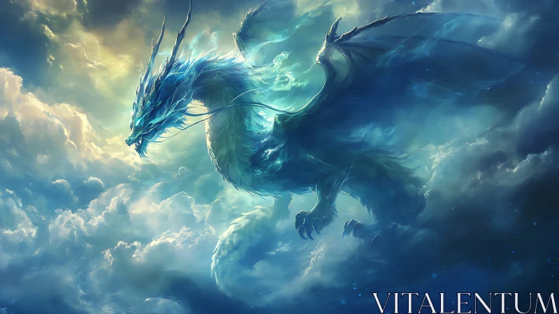 Luminous atmospheric dragon rendered in layered spectral clouds.