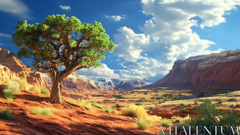 Lone twisted desert tree under dramatic canyon sky panorama.