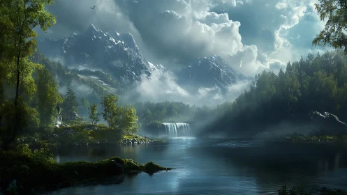 Mountain lake landscape with waterfall and low cloud cover.