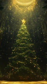 Illuminated indoor tree stands beneath circular overhead opening