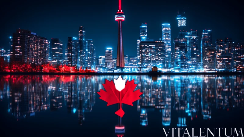 Glowing Canadian city skyline reflected in calm night water.