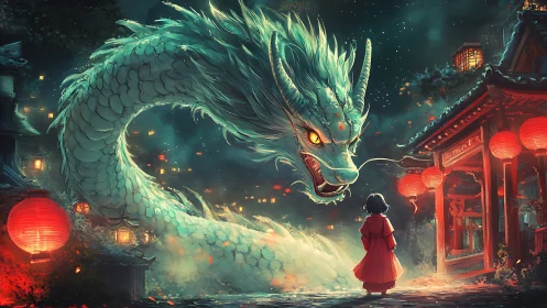 Lantern-lit encounter with a moonlit dragon guardian spirit.