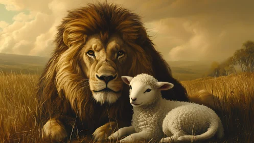 Lion and lamb rest together in a stylized grassland scene