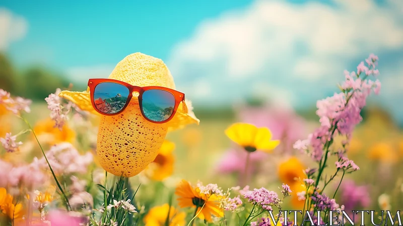 Anthropomorphic Citrus Specimen with Polycarbonate Eyewear in Wildflower Field