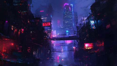 Neon-soaked cyberpunk alley under towering rainy megacity.