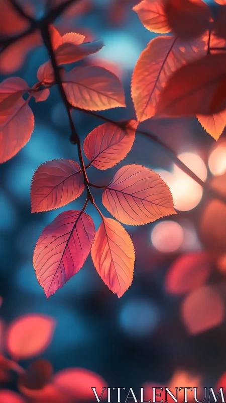 Glowing red leaves against teal bokeh forest background.