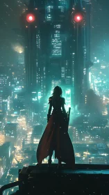 Lone cyberpunk warrior confronts ominous neon megatower.