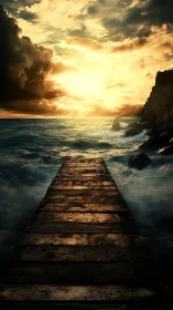 Sunlit stormy pier extends into glowing seascape horizon.