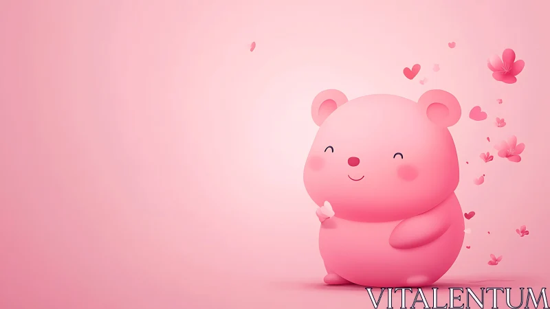 Blushing pink bear cradles fluttering hearts and petals softly.