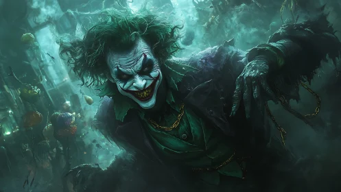 Grinning clown figure advances through dense green misted scene