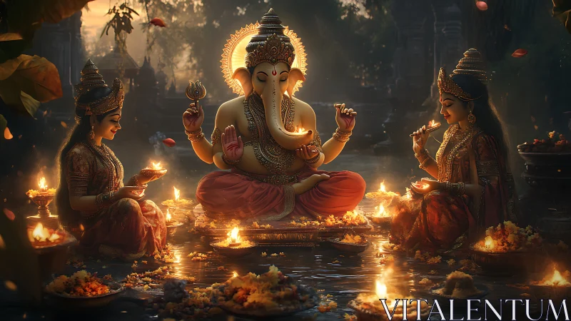 Divine Ganesha evening puja with goddesses and lamps.