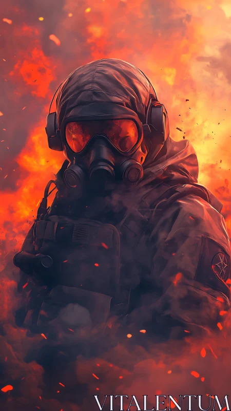 Hooded figure in gas mask amid dense orange flames.