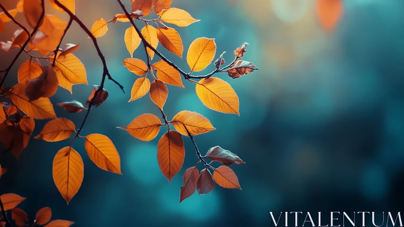 Orange autumn leaves hang from thin branches over teal blur