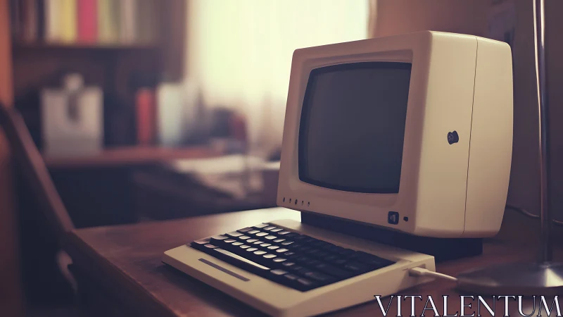 Vintage beige desktop computer sits on wooden desk