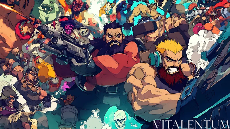 Heavily armed mercenary squad advances in dense comic crossfire