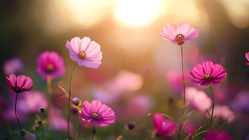Cosmos Petals Dance in Golden Twilight Glow.