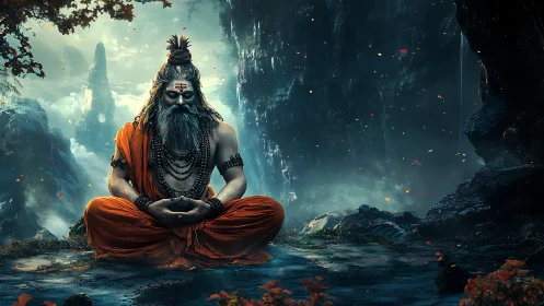 Seated ascetic meditates in rocky, mist-filled forest environment