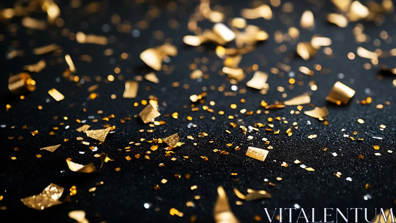 Golden confetti sparkles across deep matte black surface.