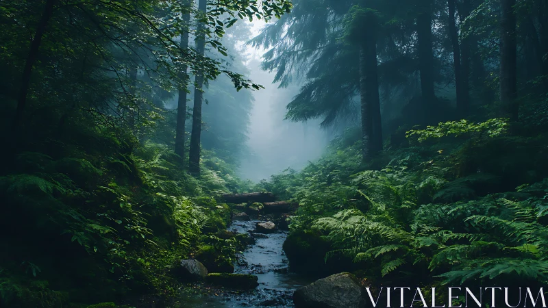 Temperate Forest Watercourse with Dramatic Atmospheric Penetration.