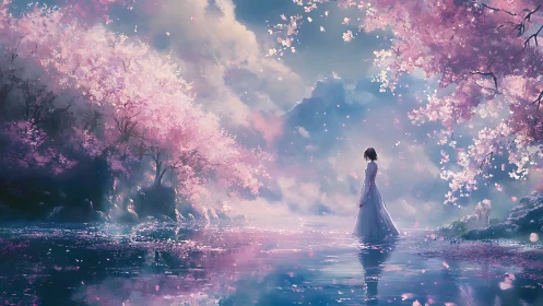 Silent dreamwalker beneath drifting cherry blossom skies.