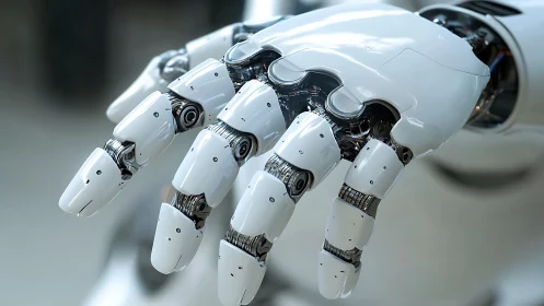Futuristic robotic hand extends forward with articulated fingers