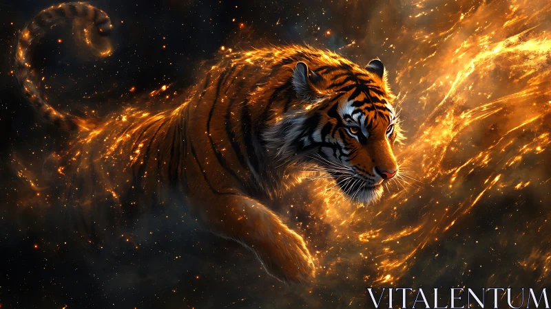 Starlit cosmic tiger running through rivers of living flame.