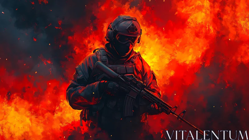 Tactical soldier silhouette framed by infernal firestorm backdrop.
