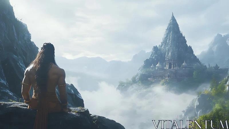 Figure observes distant stepped temple above clouded valley