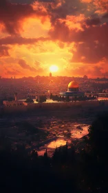 Sunset over historic city skyline with golden domed shrine.