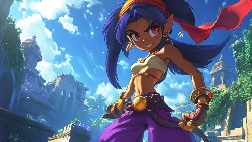 Bold adventurer girl smiles in sunlit ancient ruins skyward