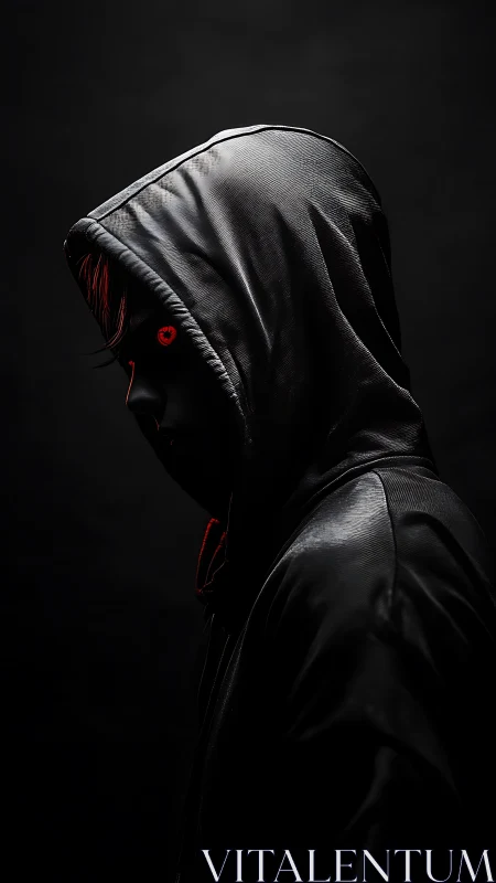 Shadowed hooded figure with glowing red eyes in darkness.