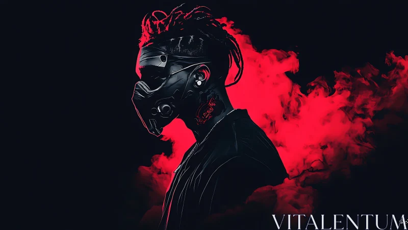 Cyberpunk masked figure emerges from neon red smoke background.