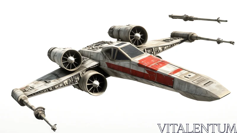 Starfighter with red markings flies against white background