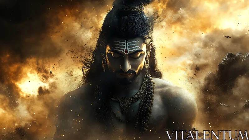 Stormlit ascetic folds thunder into silent golden prayer