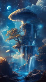Moonlit mushroom waterfalls rise in a calm enchanted night