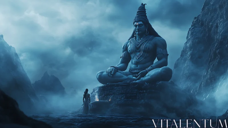 Giant blue deity statue in misty mountains at night.