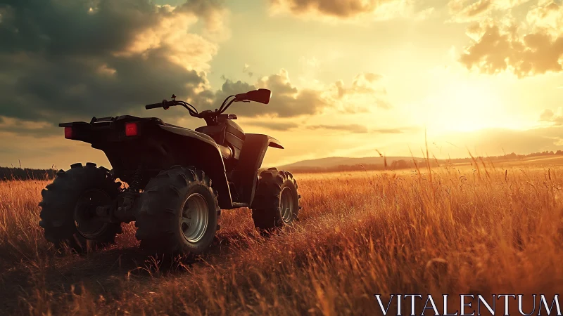 Golden hour ATV waits quietly in a wide open country field