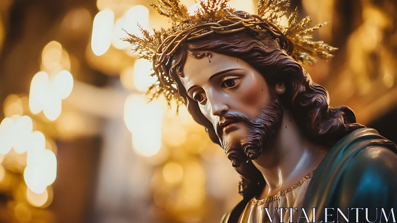 Sacred Christ statue with gilded crown amid warm bokeh light.
