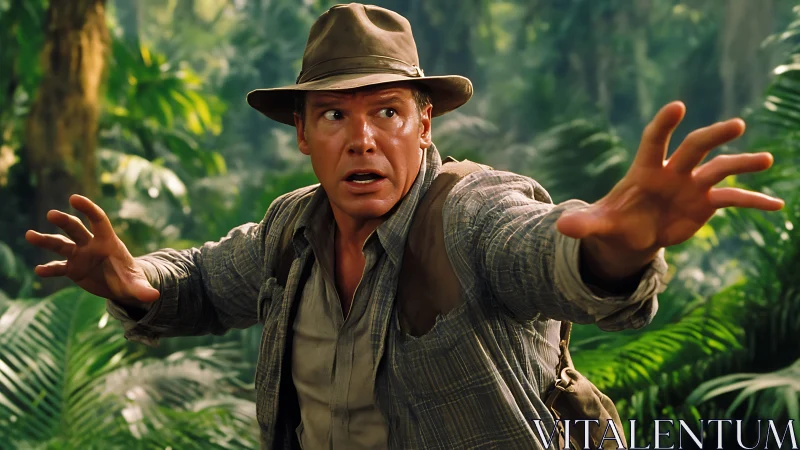 Alarmed jungle explorer extending hands in defensive reach.