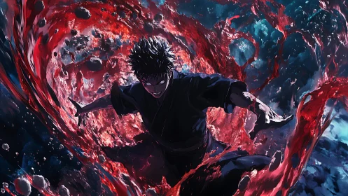 Dark anime warrior unleashes swirling crimson energy storm
