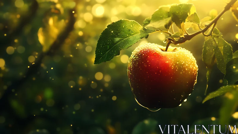 Sunlit dewy apple glowing softly in a golden orchard.