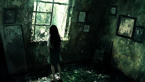 Solitary girl gazes through a ruined window in eerie light
