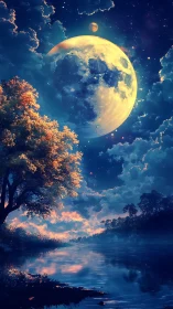 Luminescent moonrise over reflective twilight river sky.