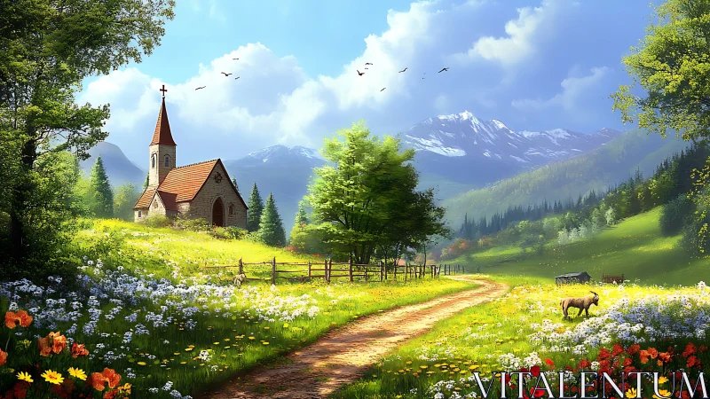 Rural church and mountain valley are depicted in sunlight