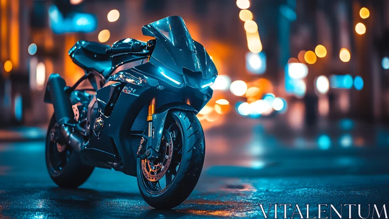 Midnight sport bike glows under neon city streetlights