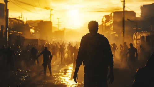 Backlit lone survivor amid dense sunset zombie horde