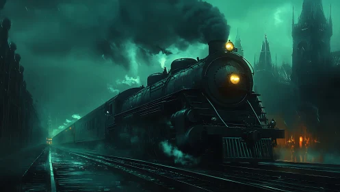 Steam locomotive at night in eerie green-lit city.