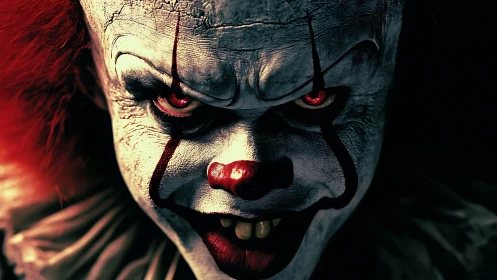 Close frontal view of sinister clown face in dark setting.