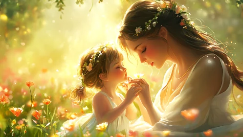 Mother and Child in Golden Meadow with Flower Crowns.